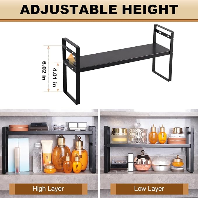 Expandable Narrow Medicine Cabinet Organizer Shelves Wide 3.58”,Metal Counter Storage Shelf Stand with Adjustable Layer and Non-Slip Pads for Cabinet,Kitchen,Pantry Small Space-Black