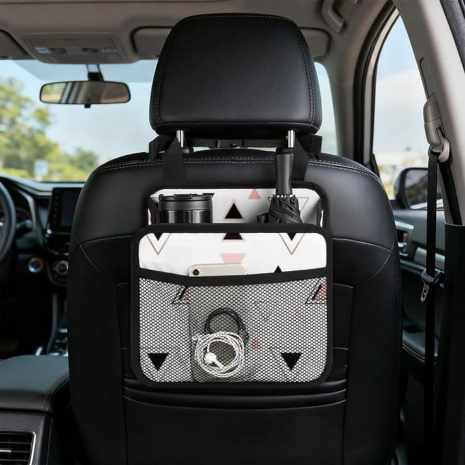 Car Seat Back Organizer Pu Leather Vehicle Backseat Storage Box, Geometric | Triangles Rose Gold White, Auto Hanging Pouch with Adjustable Strap PU Leather Trash Bags Travel Accessories