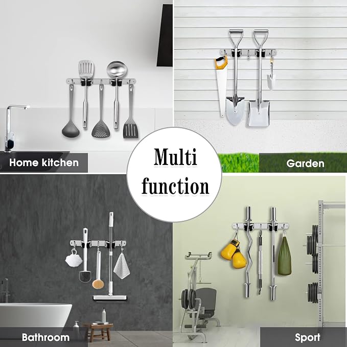 AceMining Broom Holder Wall Mount, 2 Racks 3 Hooks Heavy Duty Mop Organizer | Mop Holder Wall Mount and Broom Hanger for Garage, Laundry Room, Kitchen and Utility Storage