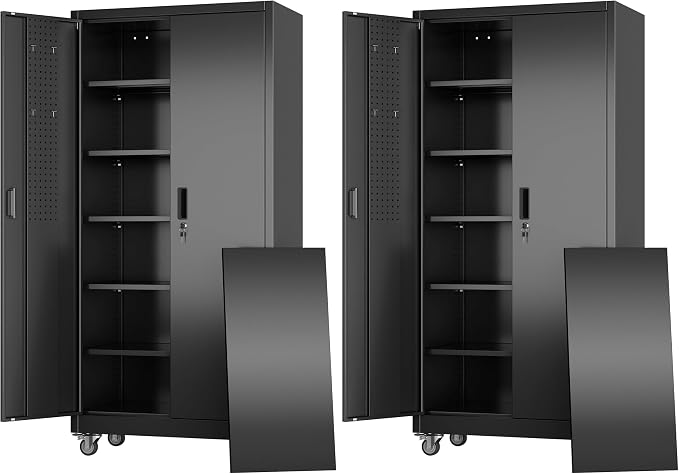 Metal Garage Storage Cabinet with Wheels and Door Pegboard (Pack of 2)