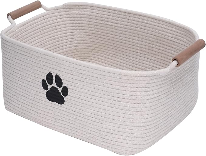 dog toy basket Cotton Rope dog toy box with wood handle pet toy bin Blanket Storage Basket Decorative Clothes Hamper Basket Large Baskets