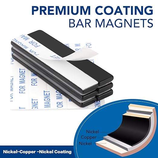 Strong Neodymium Magnets with Adhesive Backing, 12 Pack, 60x10x3 mm | Powerful Rare Earth Bar Magnets, Waterproof Black Magnetic Magnet Strips Heavy Duty for Craft, Kitchen, DIY, Office