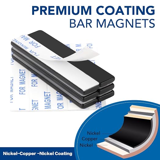 Strong Neodymium Magnets with Adhesive Backing, 50 Pack, 60x10x3 mm | Powerful Rare Earth Bar Magnets, Waterproof Black Magnetic Magnet Strips Heavy Duty for Craft, Kitchen, DIY, Office