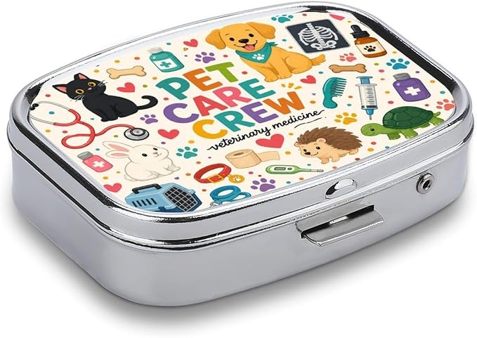 Cute Pet Care Essentials Poster Two Compartment Pill Box Medicine Organizer, Portable Pill Case with Secure Snap Closure for Vitamins Medication Supplements Daily Use