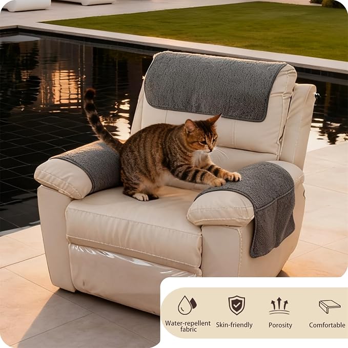 Sherpa Fleece Armrest and Headrest Covers with 2 Pockets | Soft fleece with nonslip silicone backing helps protect leather and fabric furniture from pet scratches machine washable