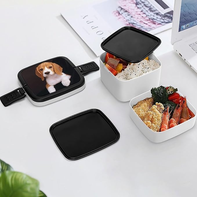 Ovely Pet Dog Beagle Double Layer Bento Box, 1000ml Stackable Leakproof Lunch Container with Spoon, Portable 2-Tier Food Storage Box for Office Work Picnic Camping and Travel