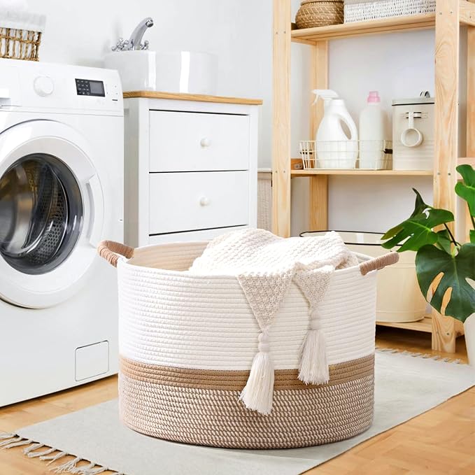 45L Blanket Basket, 17.5"x11.5" Woven Storage Baskets With Handle, Cotton Rope Blanket Basket Living Room, Baby Laundry Basket for Blanket, Nursery, Toy, Pillow (White & Brown)