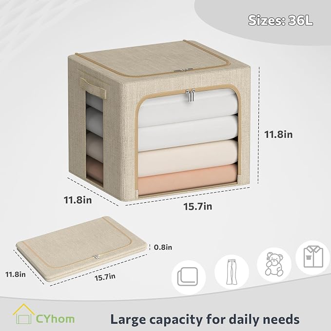 CYhom Clothes Storage Bins Box - Linen Fabric Foldable Stackable Container Organizer Set with Clear Window & Carry Handles & Metal Frame for Bedding, Blankets, Books (Beige, Medium-36L)