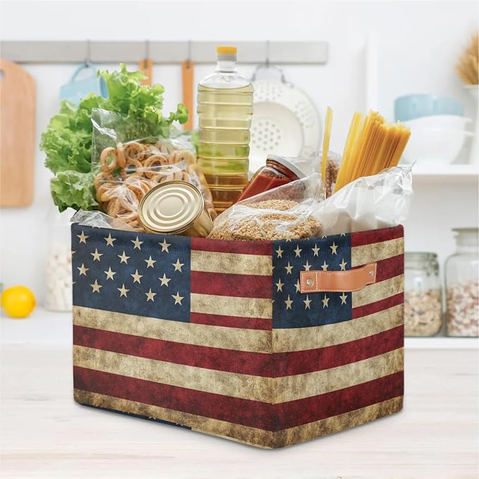 American USA Flag Storage Baskets with Handles Fabric Storage Boxes Collapsible Nursery Basket for Shelf Book Cloth 15 X 11 X 9.5 IN Closet Organizer Bins