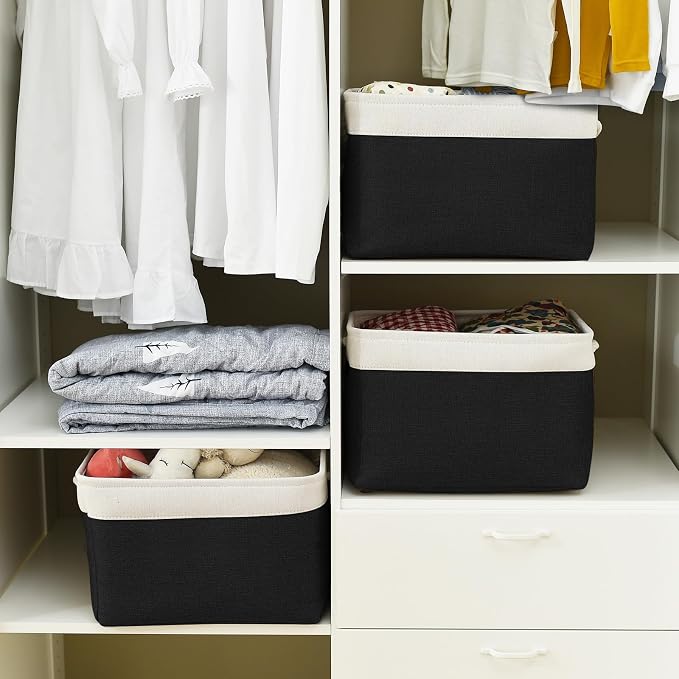 Storage Basket for Gifts Empty - Large Cubes 3 Pack 15.8x11.8x11.8 inch Storage Bins for Organizing Book Cloth Bathroom Toy (White & Black)
