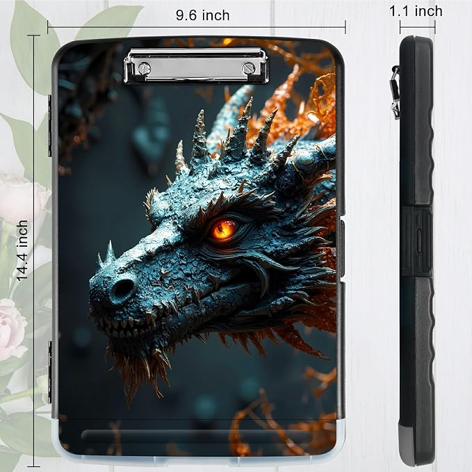 A4 Clipboard with Storage Pen Holder, Clipboards Organizer Nursing Clipboard Foldable File Folder Plastic Clipboard Folio Clip Board for Office Work Classroom Doctor, Forest Grey Dragon
