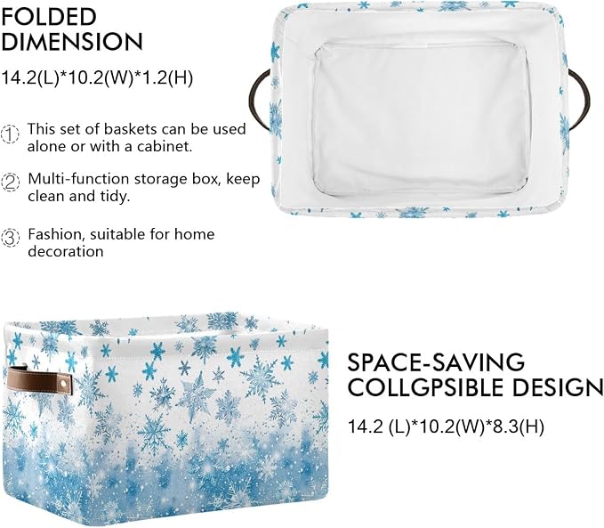 Winter Snowflake Blue Storage Basket with Waterproof Liner and PU Handles White Christmas Holiday Xmas Storage Boxes 14.2" Collapsible Decorative Organizer Baskets for Bedroom Closet Office 1 Pack