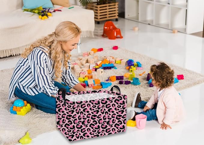 Essme Rectangular Baskets,Pink Storage Basket with Handles for Room Decor, Leopard Print Box,Cute Storage Bin（Pink leopard print）