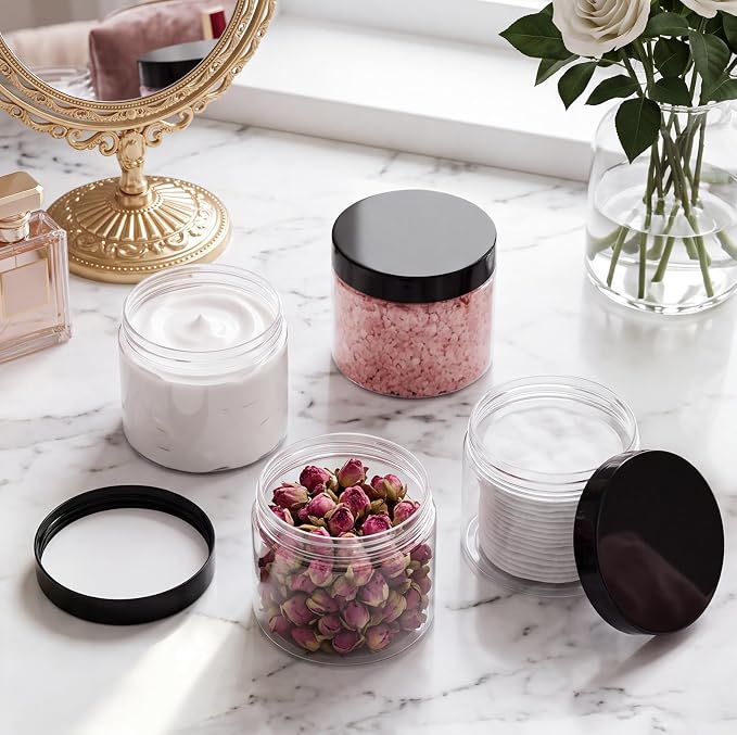 Patelai 60 Pcs Plastic Containers with Lids, Round Leakproof Cosmetic Containers, Multipurpose Storage Jars for Makeup, Lotion, Ointment, Rhinestone Samples, Dry Food and Toiletries (Black,4 oz)