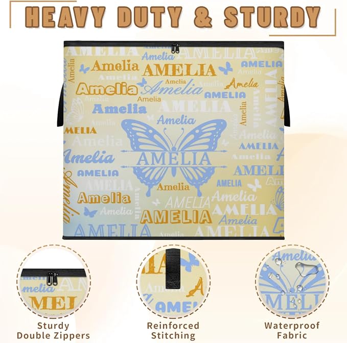 Personalized Storage Bins with Lid, Customized Name Jumbo Storage Basket Rectangle Clothes Organizer for Organizing Kids and Pets Toys Shelf Closet, Gradient Yellow Blue Butterflies