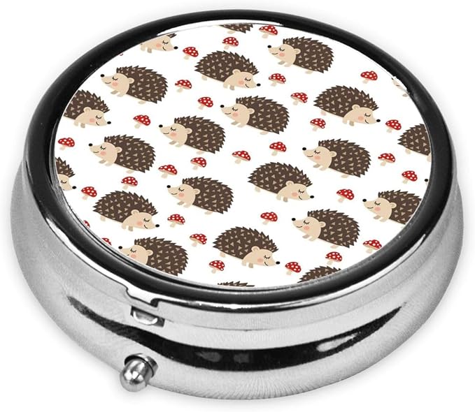 Mini Pill Case, Round Compact Organizer, Portable Holder for Supplements, Travel Pill Box Purse Carry for Students, Autumn Hedgehogs Leaves Mushrooms
