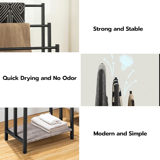 HOOBRO Free Standing Towel Rack, 3 Tier Blanket Rack, Blanket Holder for Bathroom, 16.9" L x 11" W x 31.9" H, Industrial Metal Drying and Display Rack with Shelf, Greige and Black BG03LB01