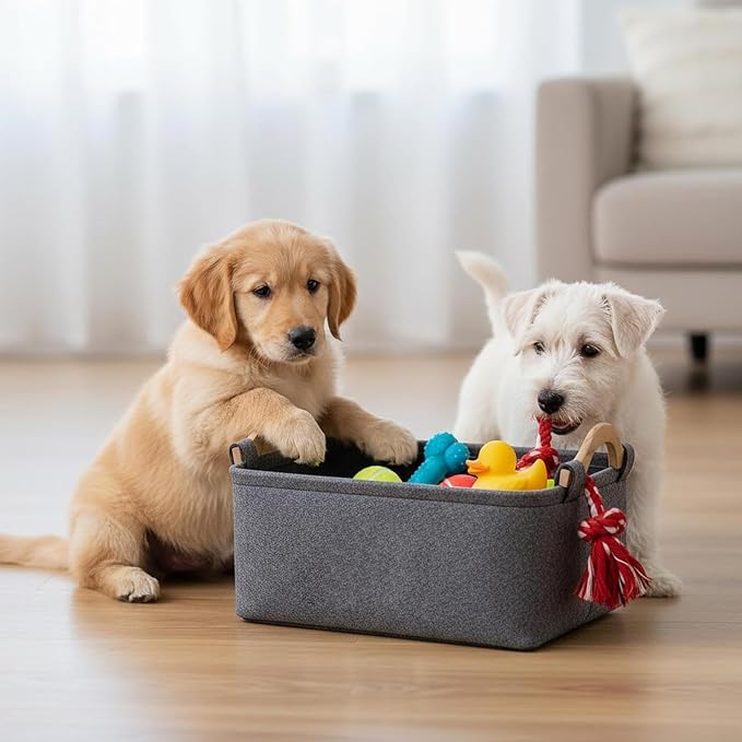 Dog Toy Bin Felt Cute Foldable Organizer with Wooden Handle | Pet Toy Basket for Kids Blankets Collars Leashes Indoor Outdoor Home Garage Dorm Traveling Laundry Room