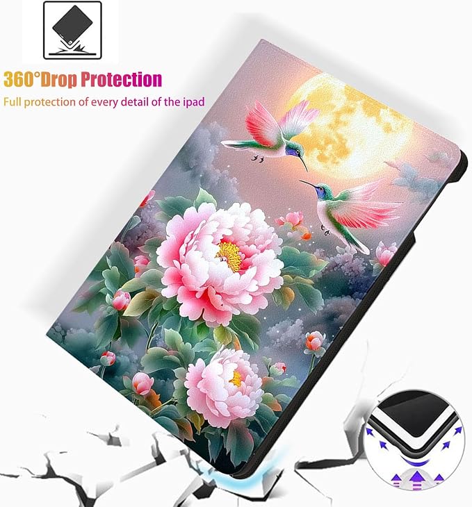 for Microsoft Surface Pro 7 Plus,Surface Pro 7/6/5/4 12.3" Tablet Case,Auto Wake/Sleep,Adjustable Stand Protective Cover - Chinese Style Peony Hummingbird