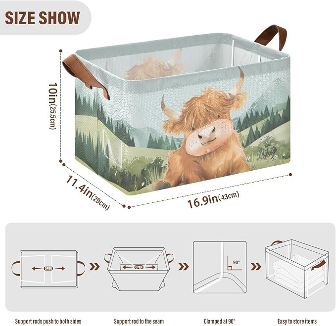 Cute Highland Cow Green Grass Baby Storage Basket with Labels&Handles Rectangular Waterproof Nursery Storage Bins Collapsible Shelf Organizer Baskets for Kids Books Cloth Gift Basket Toys Laundry