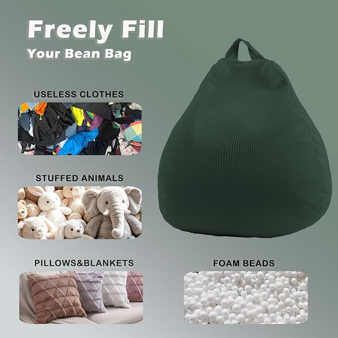 LPMOERA Stuffed Animal Storage Soft Bean Bag Chair Cover No Filler Green | Skin-Friendly,Portable,Wide Easy-Load Opening,Hidden Zipper,Decorative Organizer