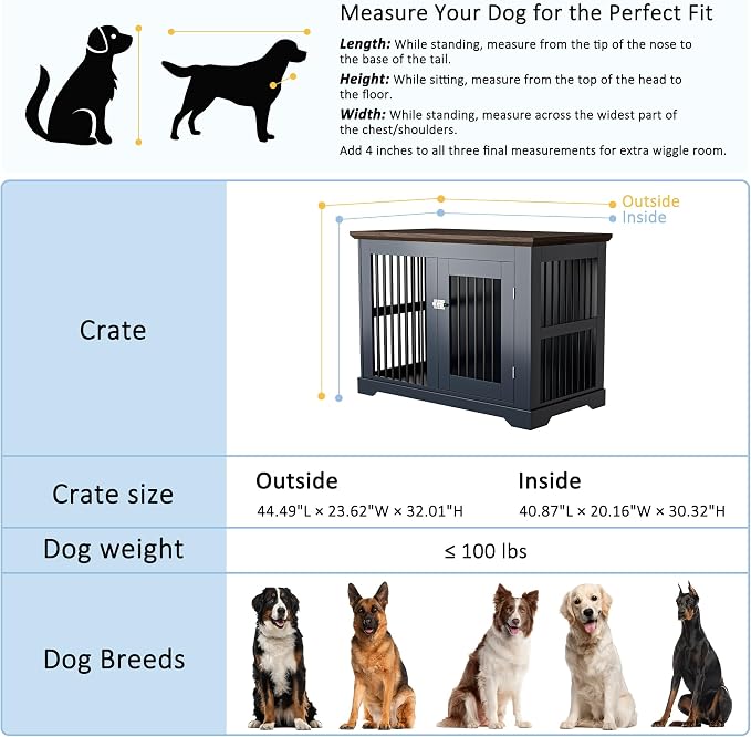 44" Wooden Dog Crate Furniture,Large Kennel Pet Cage End Table for Indoor | for XXL XL Medium Dogs, Grey and Wood, Fits Living Room Bedroom, Heavy Duty Steel Frame with Lock 100 lbs Cap, 100 lbs Top.