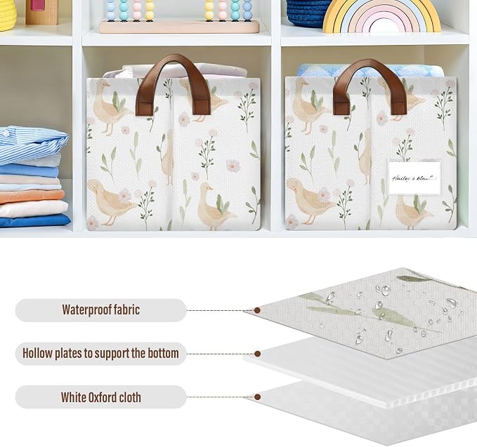 Cute Goose with Floral and Leaves Storage Basket Foldable Cube Storage Bins with Handles&Label Collapsible Organizer Box Bin Large Rectangle Decorative Baskets for Shelves Home Living Room Closet
