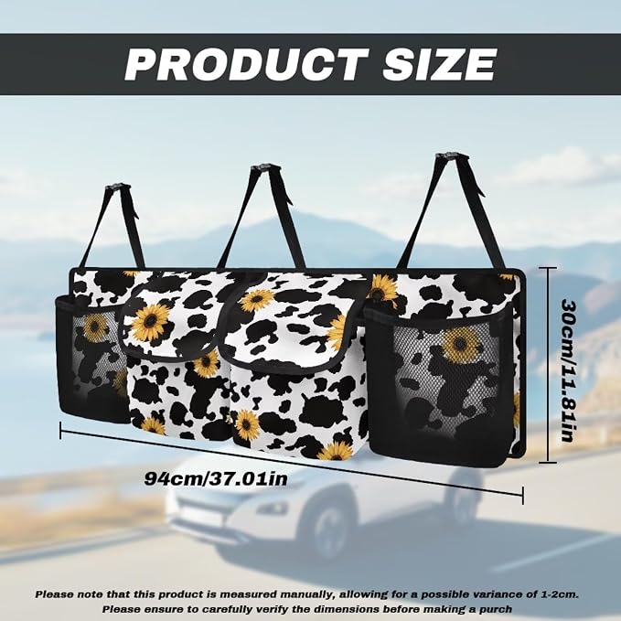 Cow Print Sunflower Car Organizers Storage - Hanging Trunk Bag, 4-Section Back Seat Design Car/SUV/Truck Accessories