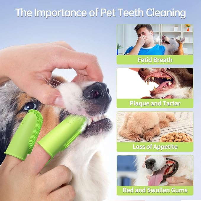 Finger Toothbrush 2 Pack - 135 Surround Bristles for Dog Teeth Cleaning, Pet Dental Care for Puppies, Cats and Small Dogs (Pink and Green)