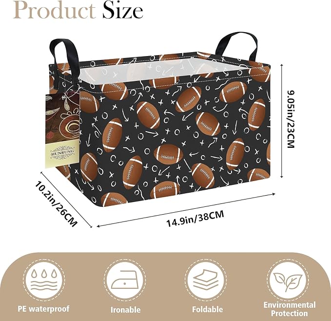 Rectangle Foldable Storage Basket Handles For Home, Rugby | Waterproof canvas material, reinforced handles, perfect for shelf use, organizes clothes, daily items and pet supplies