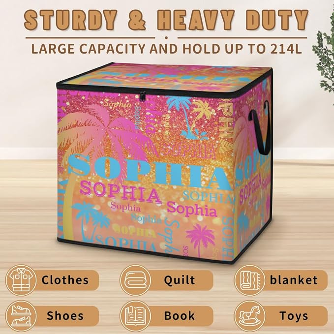 Custom Name Large Clothes Storage Organization with Lids, Tropical Palm Trees Bedding Clothes Storage Bin Shelf Basket for Nursery, Gift Basket, Pet Basket, Bright Shiny Orange Glittering Bling