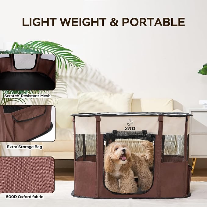 XRG Foldable Pet Playpen,Indoor Cat cage Puppy Crates L(35.4"x27.6"x23.6") | Portable Dog Crates with Upgrade Breathable Mesh，Sturdy Cat Kennel Indoor & Outdoor for Rabbit or Small Animals，Brown