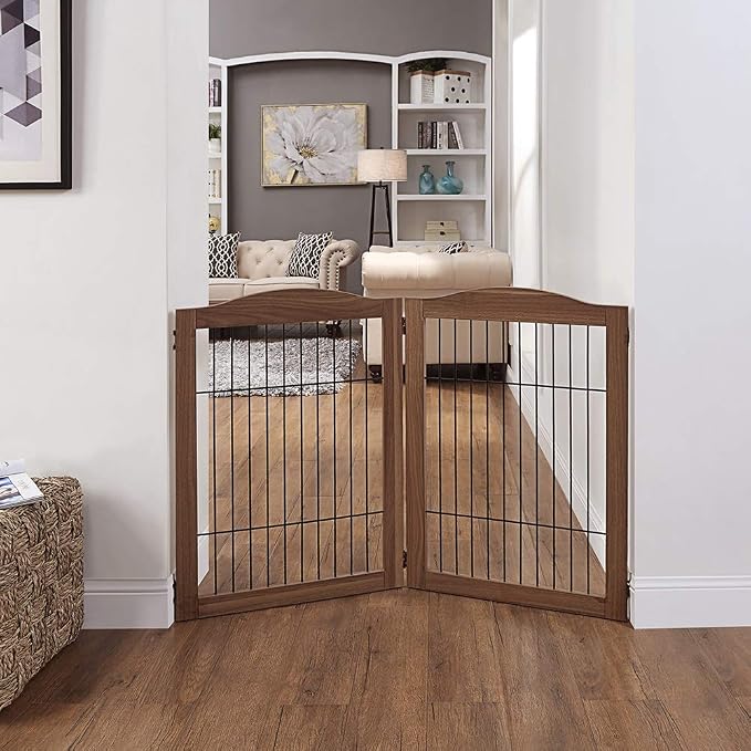 unipaws 44" Wide and 31.5" Height Dog Gate and Extension Kit, Free Standing | Wooden Pet Gates for Stairs, Doorway, Indoor Safety Fence for Dogs, Walnut