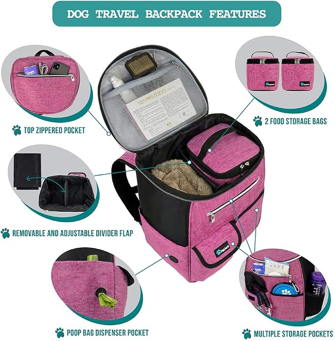 PetAmi Dog Travel Backpack 27L Airline Approved Pet Supplies Bag, Pink | Cat Traveling Suitcase Organizer for Weekend Road Trip Camping; 2 Food Containers, 2 Collapsible Bowls & Poop Bag Dispenser
