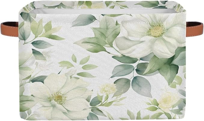 Storage Baskets for Shelves, White Flower Green Leaves Fabric Storage Cubes Closet Organizers and Storage Bins with Handles Home Organization, 15x11x9.5 inch