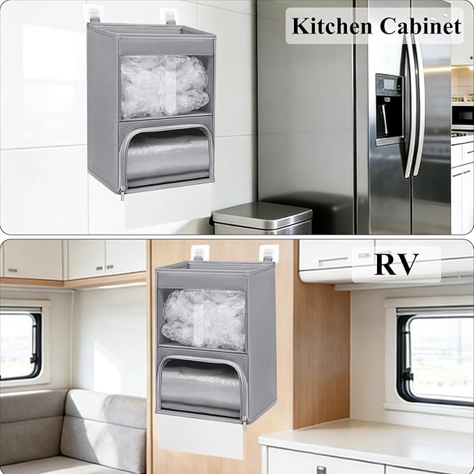 2-in-1 Plastic Bag Holder with Clear Window, Large Grocery Bag Holder and Garbage Bag Dispenser with Easy-Access Openings, Trash Bag Organizer for Kitchen RV Cabinet Wall Mounted(Gray)
