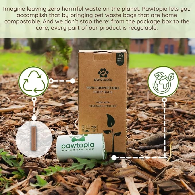 Pawtria Home Compostable Dog Poop Bag Rolls, 120 Bags, 8 Rolls | Leak-Proof Dog Poop Bags Made with Vegetable Starches, TÜV Austria Home Compost Certified, Easy Open Rolls