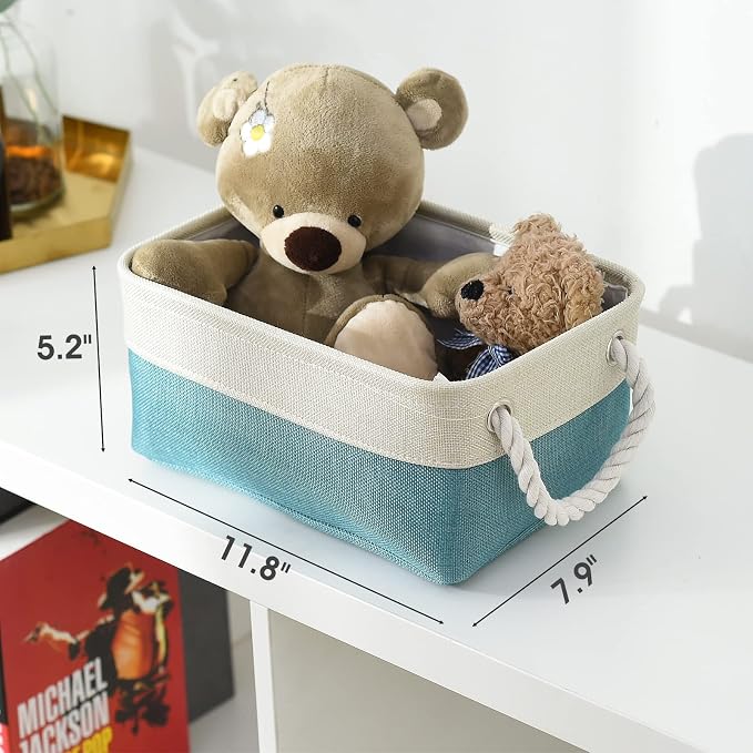 Storage Bins for Shelves - Small 6 Pack 11.8x7.8x5.2 inch Sturdy Storage Basket W/Handles, Decorative Foldable Storage Baskets for Organizing Closet Nursery Toy(White & Green)