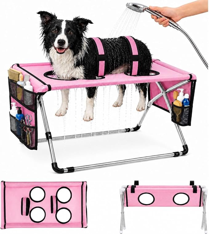 Dog Grooming Hammock Stand, Foldable Dog Bath Holder Sling Shower Chair | Heavy-Duty Pet Bath Stool for Small & Medium Dogs, Home Salon Grooming, Washable Mesh, Joint Support & Restraint(Pink,Pro)