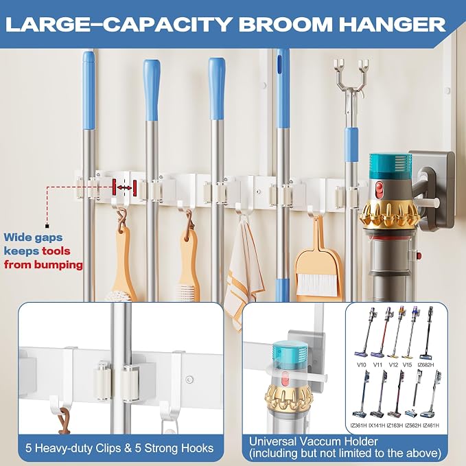 Broom Holder Wall Mount with Cleaning Supplies Organizer, Laundry Room Organization and Storage Shelf with Mop Hanger Rack Gripper Hooks, Utility Shelf Closet Organizer Floating Shelves for Garage