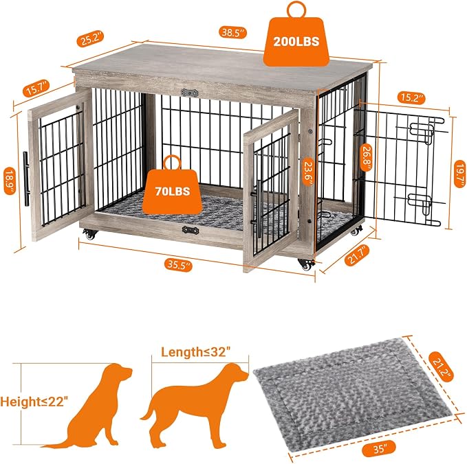 YaFiti Dog Crate Furniture, 38.5" Wooden Indoor Dog Kennel, Grey | Cushion, Wheels, Double Doors, for Large/Medium Dogs, Up to 70 lb, Furniture Style, Side End Table, Decorative Pet Cage House