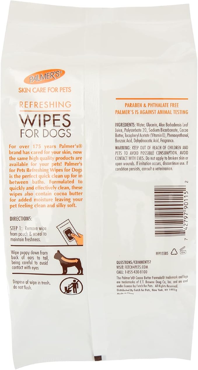 Palmer's for Pets Cocoa Butter Formula Refreshing Wipes for Dogs and Puppies - Paraben Free, Phthalate Free Dog Grooming Wipes with Vitamin E, Gentle Daily Use, 100 Count