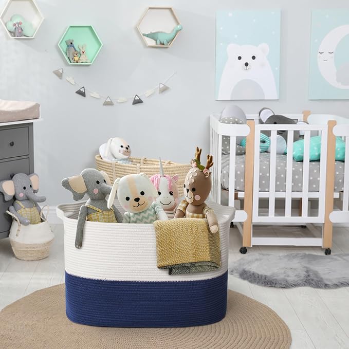 MEGASKET 108L Super Large Blanket Basket, 25" x 16" x 16" Jumbo Rectangle Basket for Blankets Living Room, Woven Cotton Rope Pillow Holder Organizer, Oversized Kids Dog Toy Storage Bin Box, Dark Blue