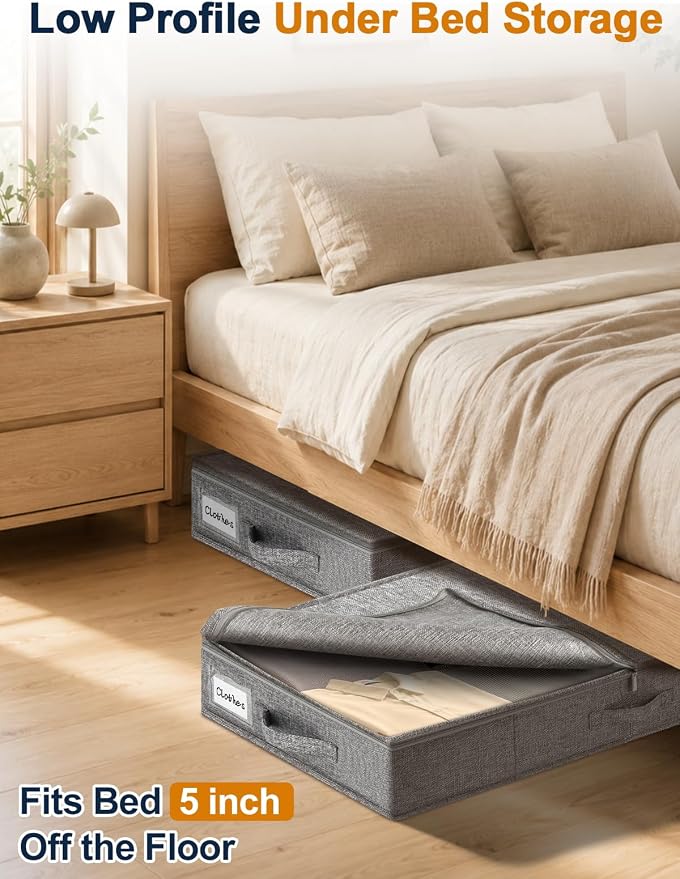 5-In Low Profile Under Bed Storage, Rigid Structure, 2 Pack, Gray | 5" Tall Design, Rigid Sides & Bottom, Reinforced Handles, Foldable Organizer, Limited Clearance, Couches, Cribs, Dorm Beds