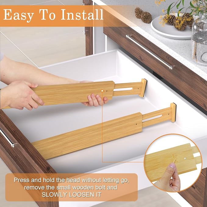 Bamboo Drawer Dividers, Adjustable Drawer Organizers, Fits 17.6–21" Drawers | 2.5" High, 8 Pack Expandable Drawer Separators for Kitchen, Nursery, Dressers & Office Storage, Natural