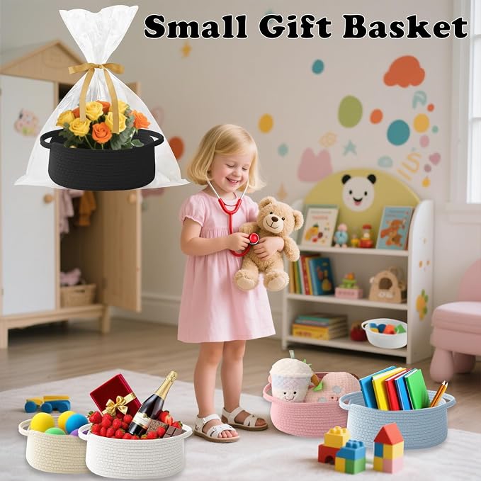 Black Woven Rope Basket - Baby Gift Basket with Bag & Ribbon | Cotton rope with handle, 12x8x5 in, gift bag and ribbon, for baby shower, birthday, toy storage, nursery, shelf decor
