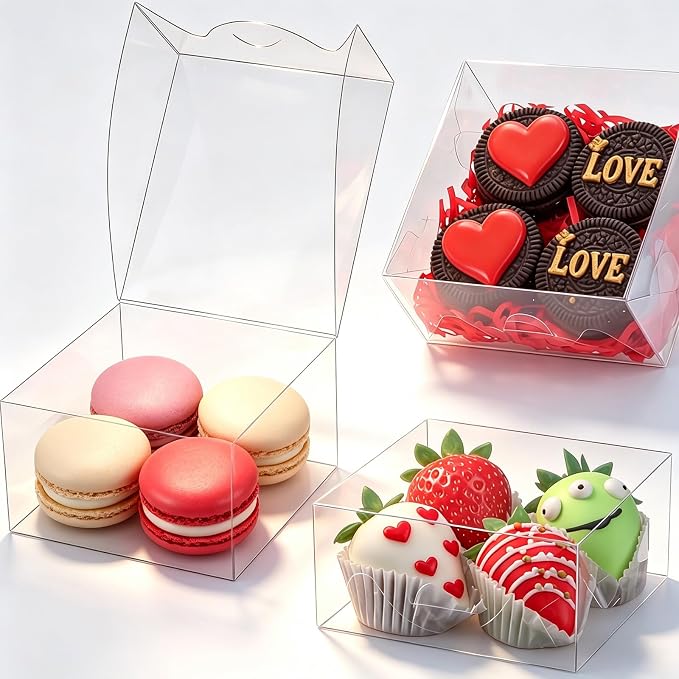 50pcs 4x4x2 Inch Clear Plastic Boxes Bakery Boxes Cookies Boxes with Window Soap Box Chocolate Truffle Boxes Macaron Gift Treat Boxes for Cake Dount Gifts goodies Christmas Valentine's