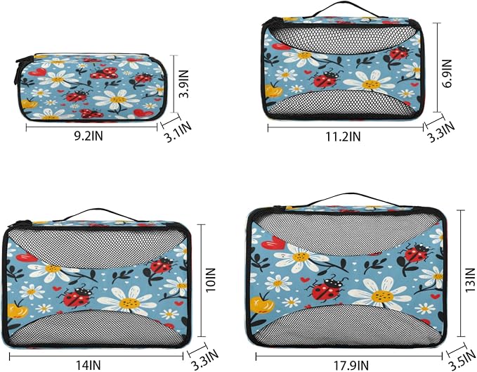 4 Set Packing Cubes for Travel, Ladybugs Florals Packing Cubes for Women, Travel Luggage Packing Organizers, Packing Cube Set, Daisy Flowers