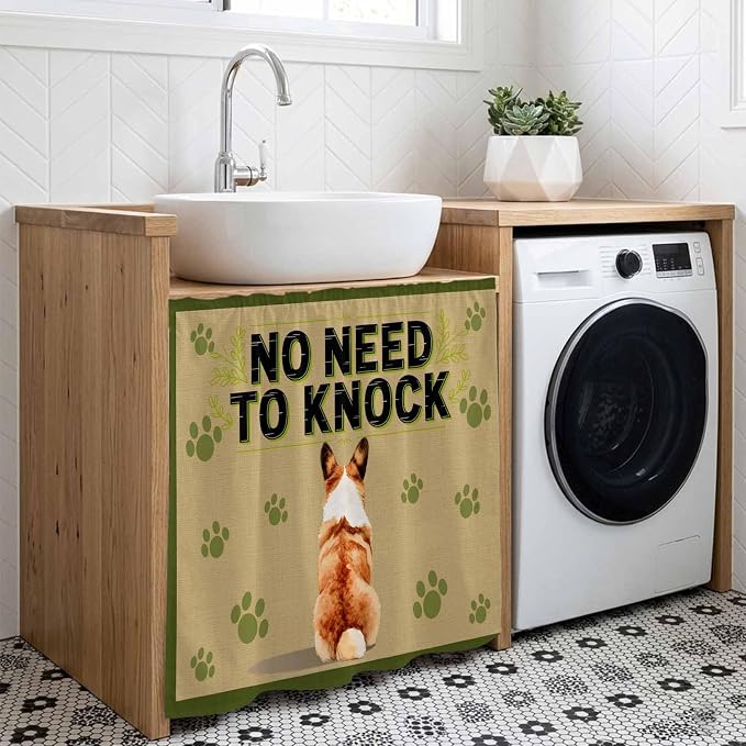 NO Need to Knock Cabinet Dishwasher Hidden Curtains, Privacy Closet Door Curtain, Corgi Dog Paw Prints Pet Lover Farmhouse Adhesive Dust Proof Under Sink Skirt for Bathroom Kitchen 35"x35"