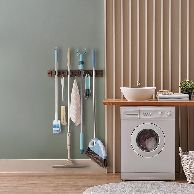 OUTNILI Mop and Broom Holder Wall Mount - Wood Broom Mop Hanger - Wall Mounted Garden Tool Rack Organizer for Closet Garage Laundry Room, Rustic Kitchen Decor With 4 Slots & 4 Hooks